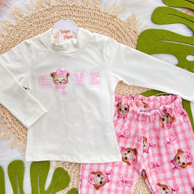 Conj. Blusa Manga Longa Oncinha Love e Calça Xadrez - Off White e Rosa